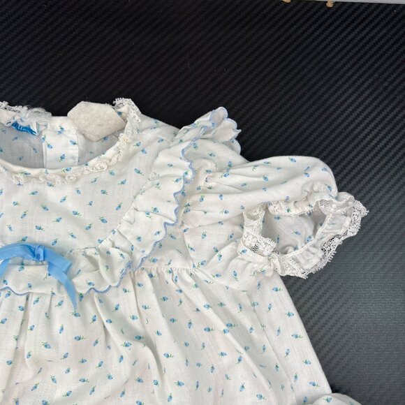 VTG Nannette Infant Girl Ruffle Romper One Piece Size L Made in USA Blue White - Picture 2 of 14